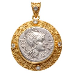 Ancient 2nd Century BC Goddess Roma Coin Diamonds 22K Gold Pendant With Chain