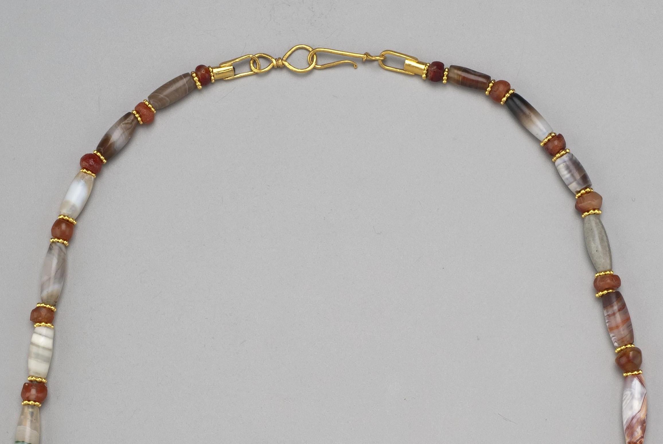 Artist Ancient Agate Barrel Beads and Carnelian with Granulated 20k Gold Spacers For Sale