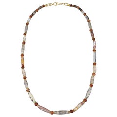 Ancient Agate Barrel Beads and Carnelian with Granulated 20k Gold Spacers