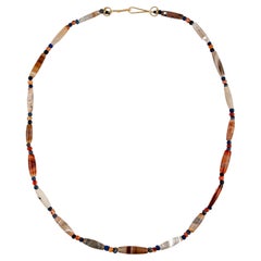 Ancient Agate Barrel Beads with Lapis Lazuli, Carnelian, and 20k Gold Clasp