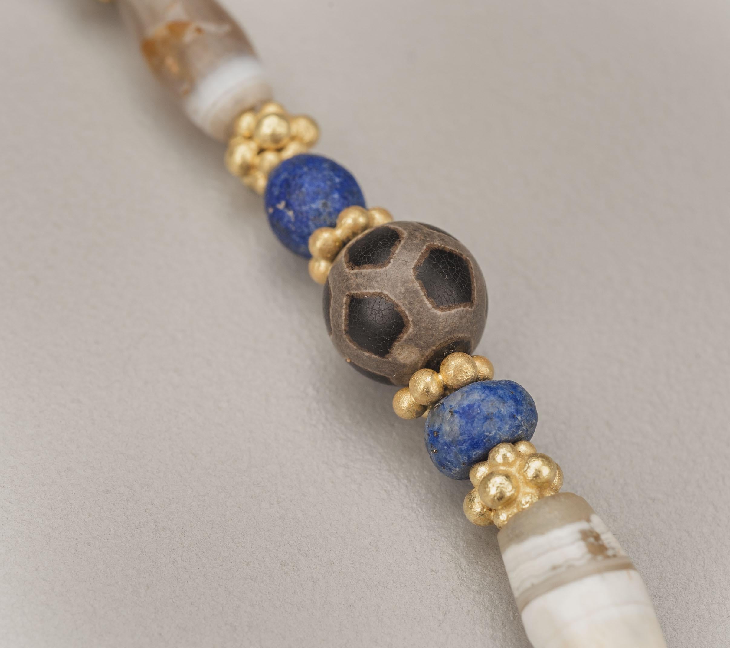 Artist Ancient Agate Beads with Spherical 'Etched' Agates, Lapis Lazuli, and 20k Gold For Sale