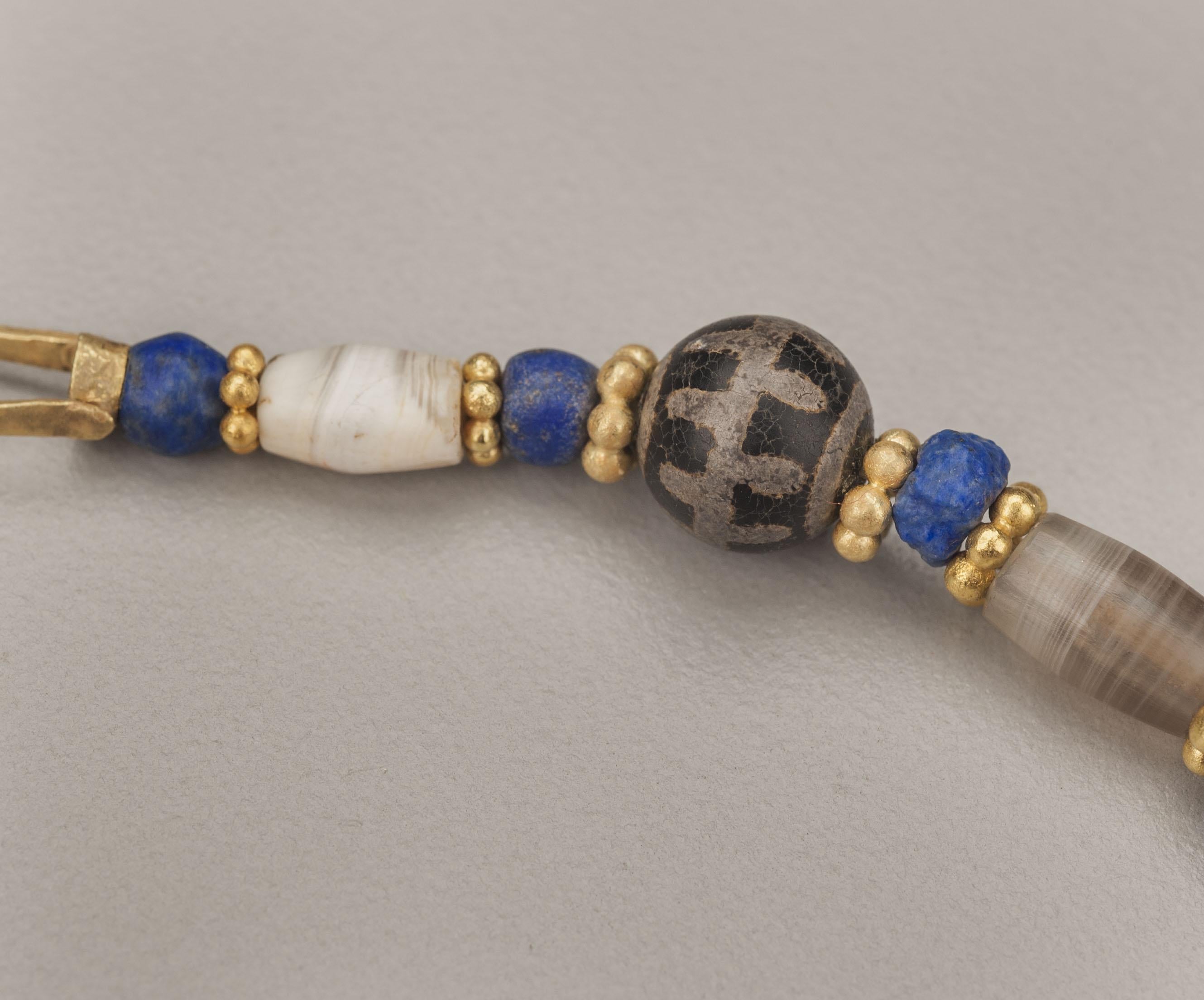Women's or Men's Ancient Agate Beads with Spherical 'Etched' Agates, Lapis Lazuli, and 20k Gold For Sale