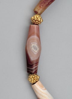 Ancient Agate Barrel Beads with Custom 22k Gold Granulated "Mulberry" Beads