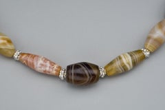Ancient Agate Barrel Beads with Fine Silver "Mulberry" Beads and Decorated Clasp