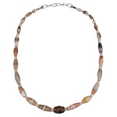 Ancient Agate Barrel Beads with Fine Silver "Mulberry" Beads and Decorated Clasp