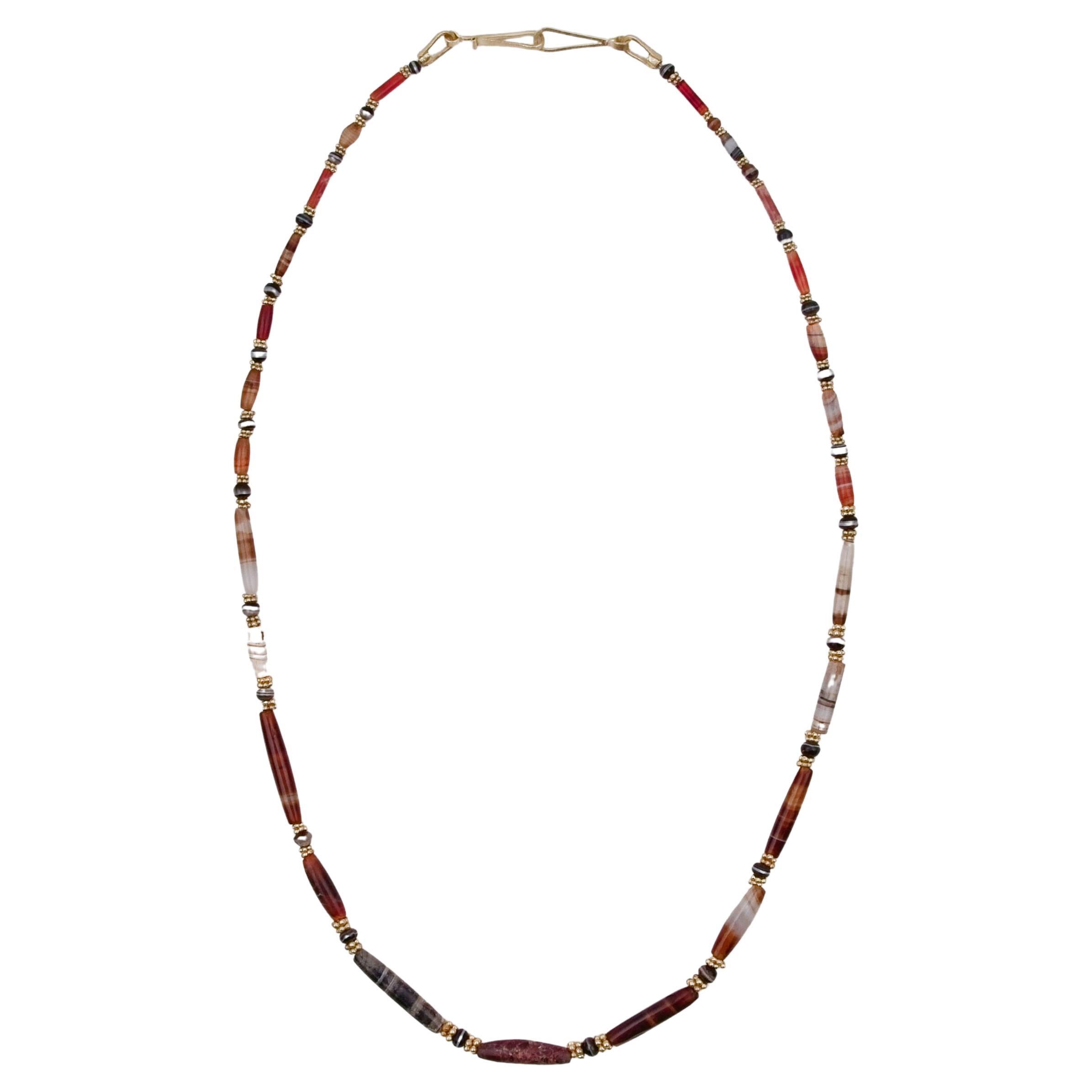 Ancient Agate Barrel Beads with Red Jasper and Granulated 22k Gold Spacers For Sale