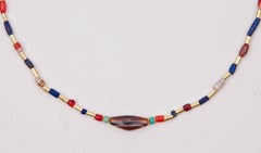 Ancient Agate Bow Bead Center with Lapis, Turquoise, Carnelian Beads, 22k Gold