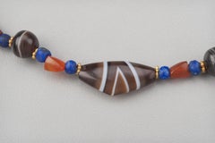 Ancient Agate Bow Beads, Etched Carnelian Beads, with Lapis Lazuli and 20k Gold