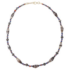 Ancient Agate Bow Beads, Etched Carnelian Beads, with Lapis Lazuli and 20k Gold