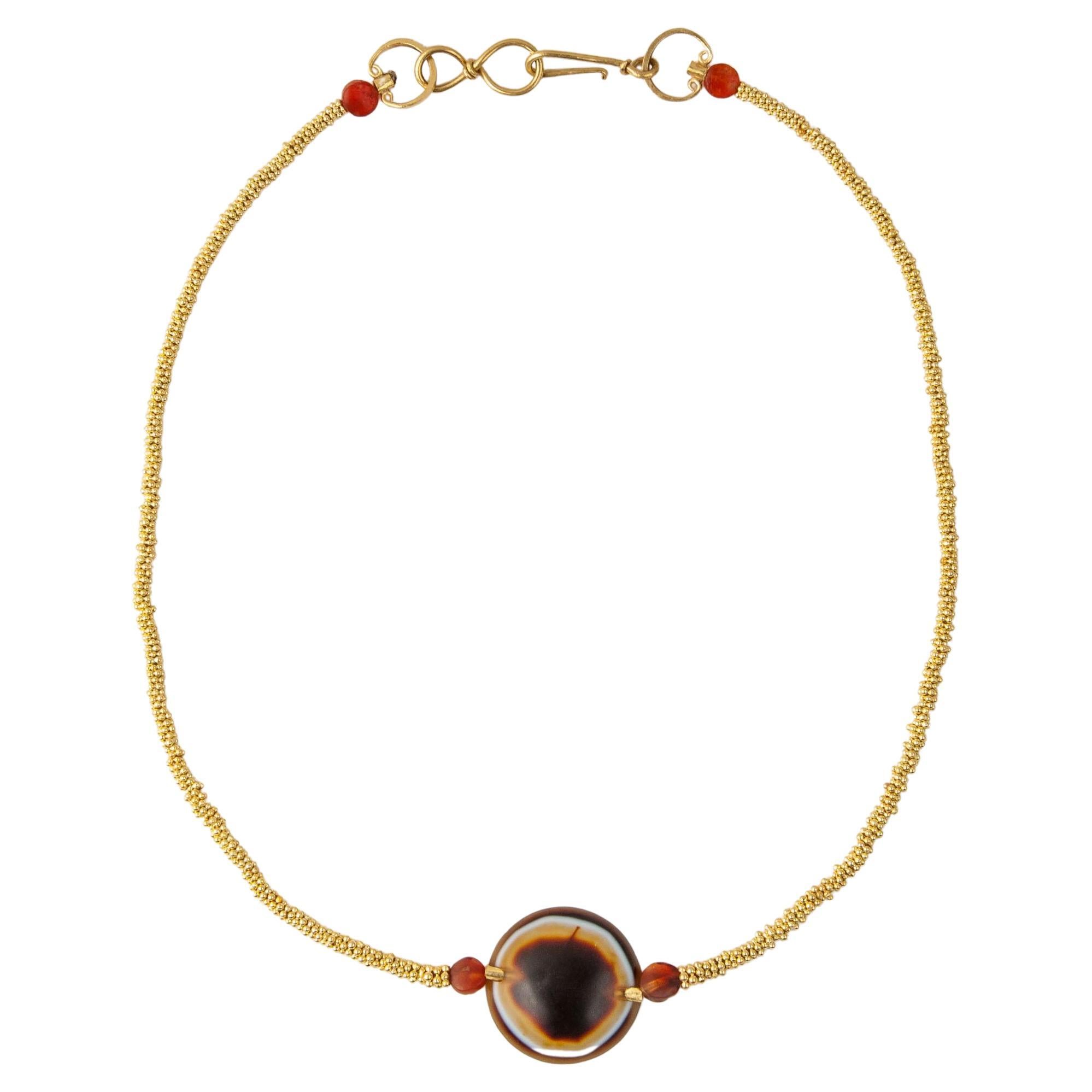 Ancient Agate "Eye" Bead with Carnelian and 20k Granulated Gold Beads For Sale