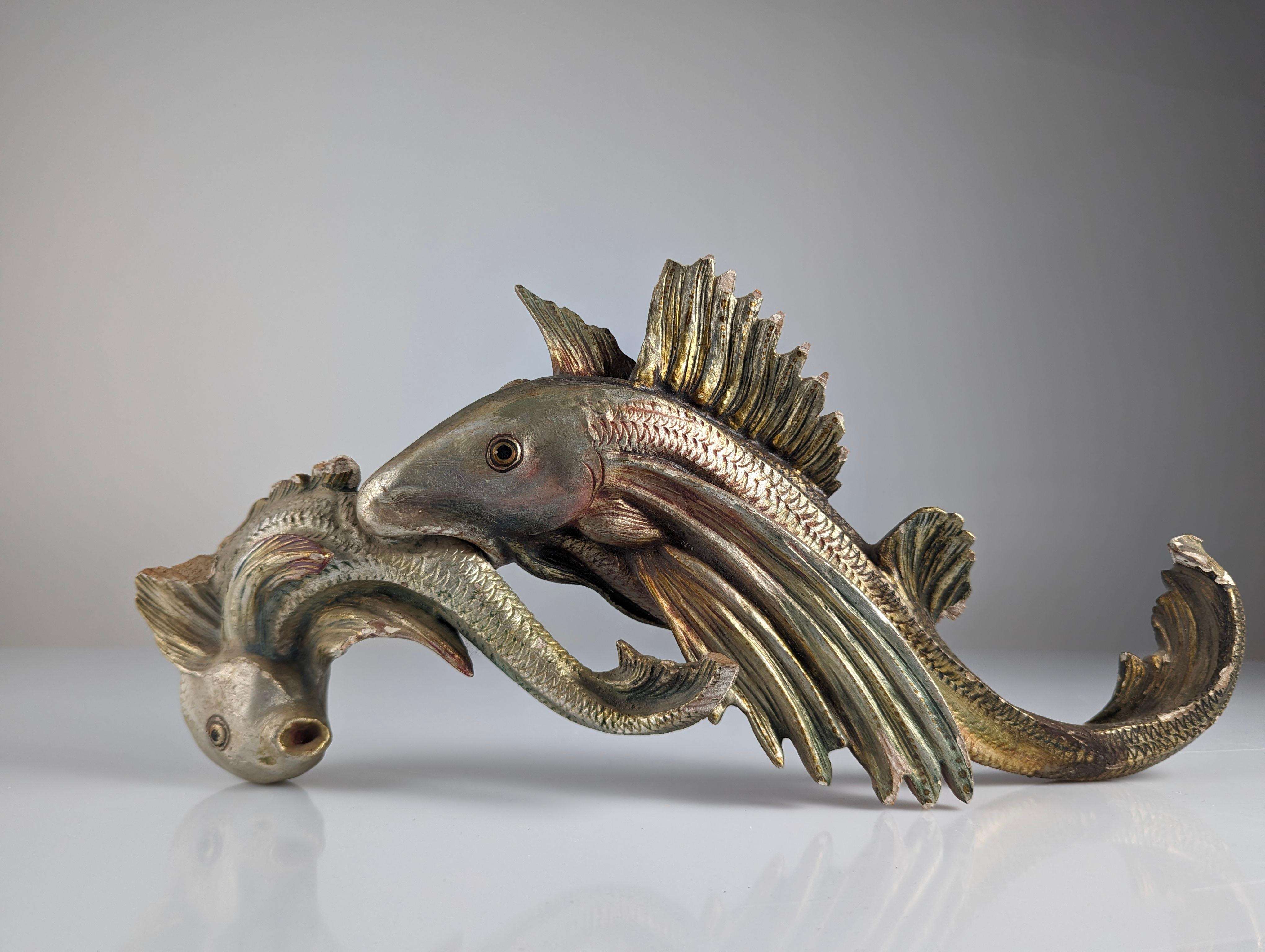 18th Century and Earlier Ancient altarpiece of fish carved in polychrome wood For Sale