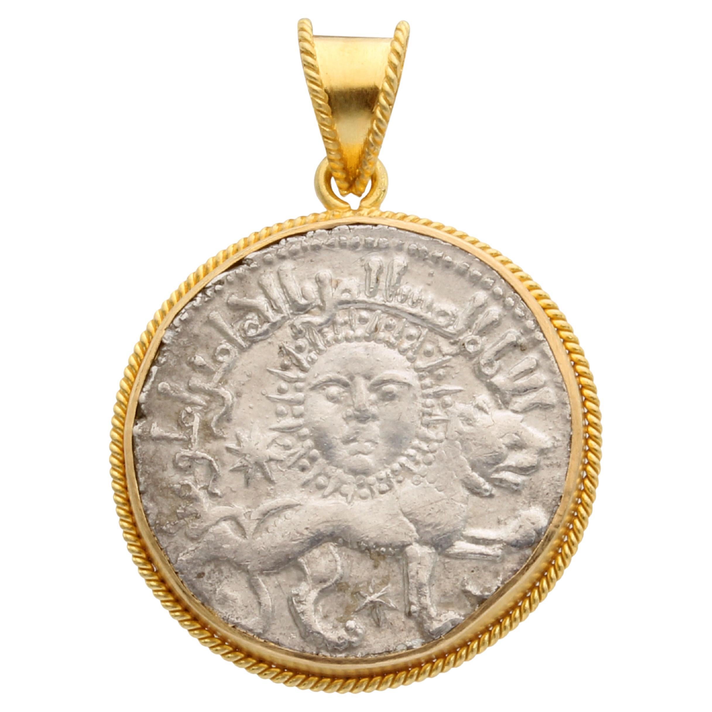 Ancient Anatolia 12th Century Lion and Sun Coin 18K Gold Pendant