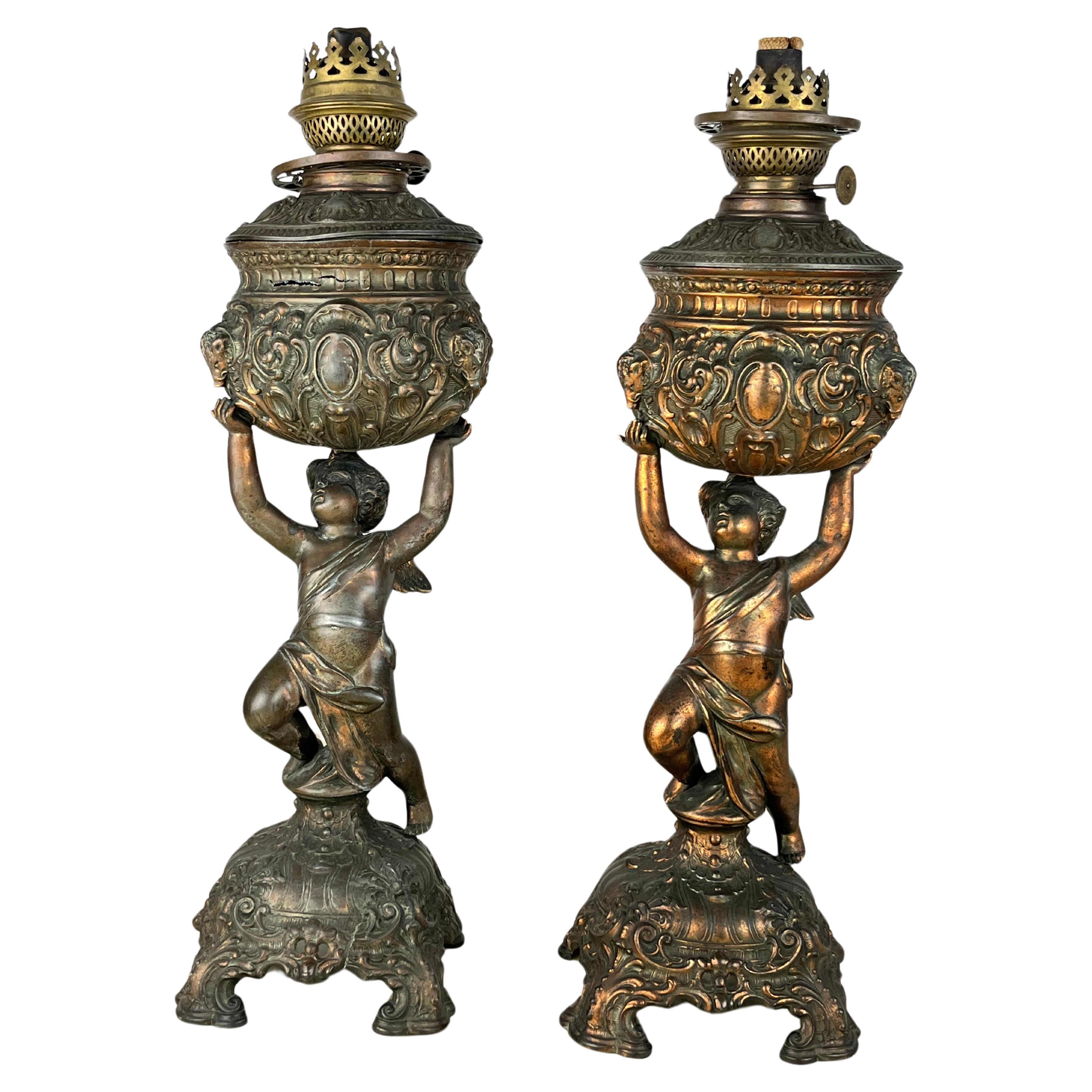 Ancient And Original Pair of Bronze Oil Lamps, 1930 For Sale
