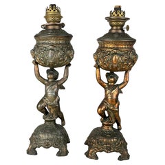 Antique Ancient And Original Pair of Bronze Oil Lamps, 1930