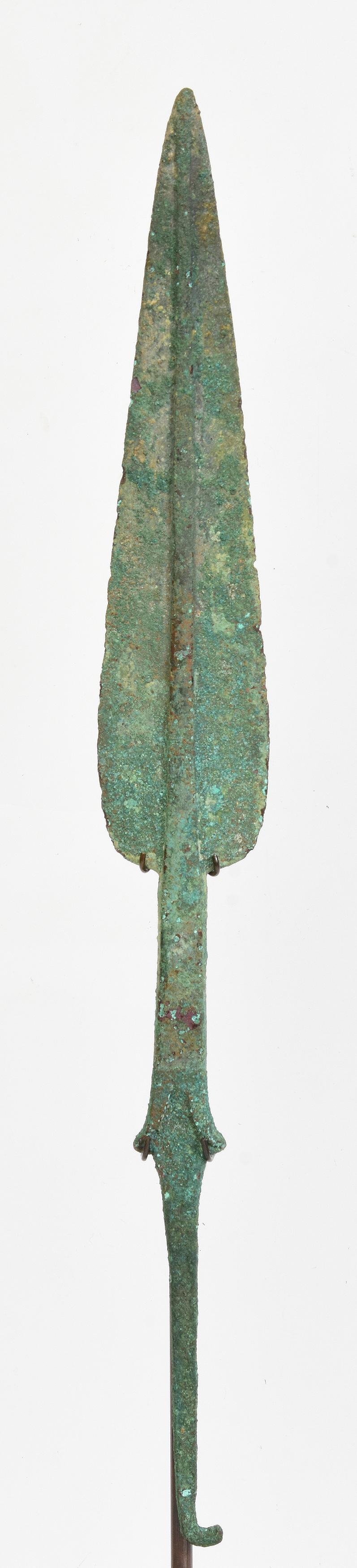 Ancient Luristan bronze spear with excellent green patina.

Luristan bronze comes from the province of Lorestan, a region of nowadays Western Iran in the Zagros Mountains. With its rich and long history, Luristan culture is well-known for its