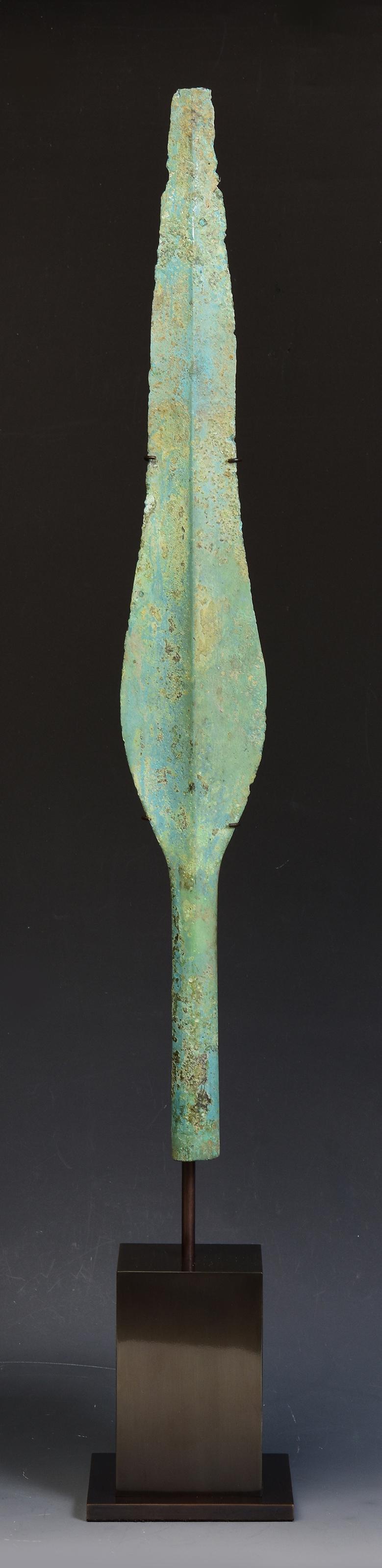 Ancient Luristan bronze spear with excellent green patina.

Luristan bronze comes from the province of Lorestan, a region of nowadays Western Iran in the Zagros Mountains. With its rich and long history, Luristan culture is well-known for its