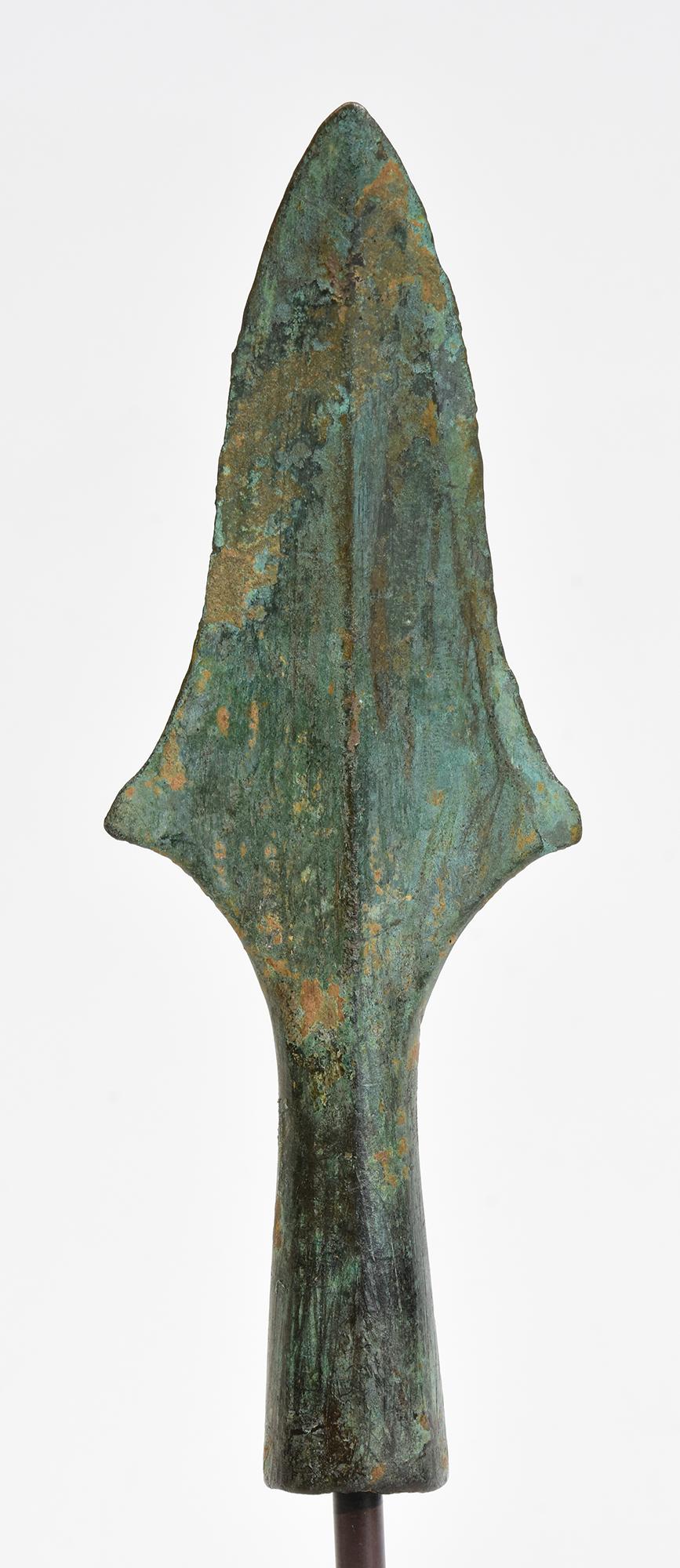 Ancient Luristan bronze spearhead with nice green patina.

Luristan bronze comes from the province of Lorestan, a region of nowadays Western Iran in the Zagros Mountains. With its rich and long history, Luristan culture is well-known for its
