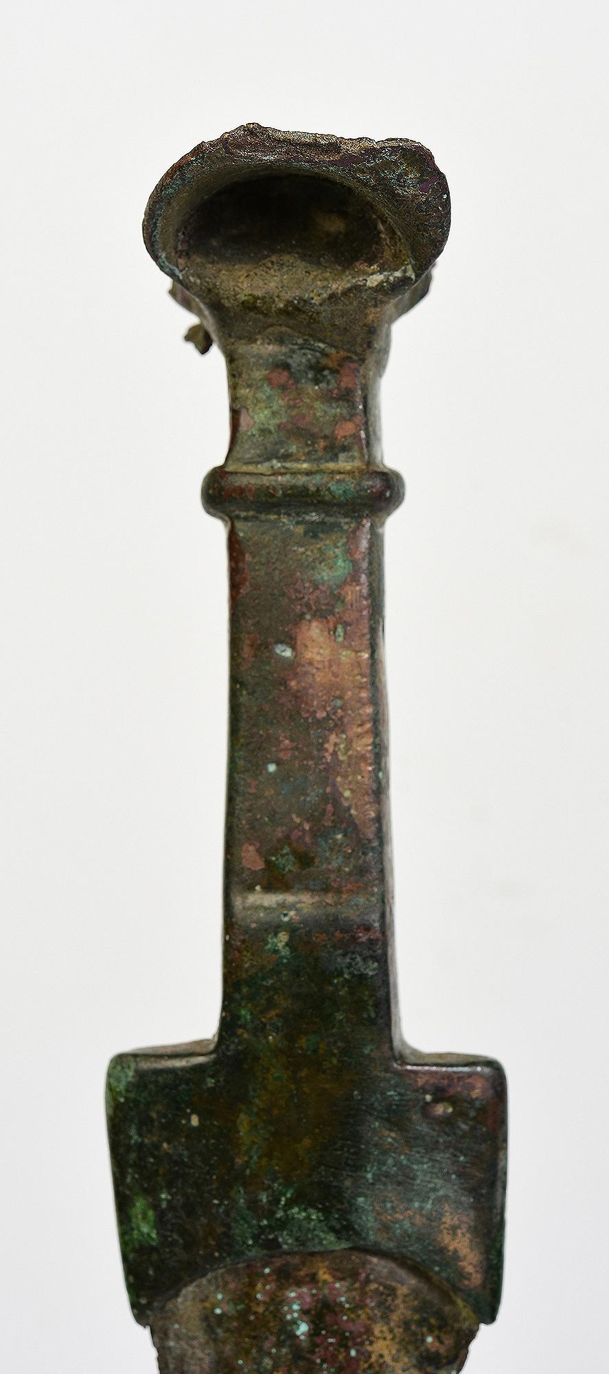 Ancient Luristan bronze sword with green patina.

Luristan bronze comes from the province of Lorestan, a region of nowadays Western Iran in the Zagros Mountains. With its rich and long history, Luristan culture is well-known for its fascinating
