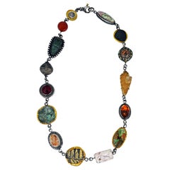 Artifact ancien, opale et turquoise, collier bohème en argent et or 24 carats