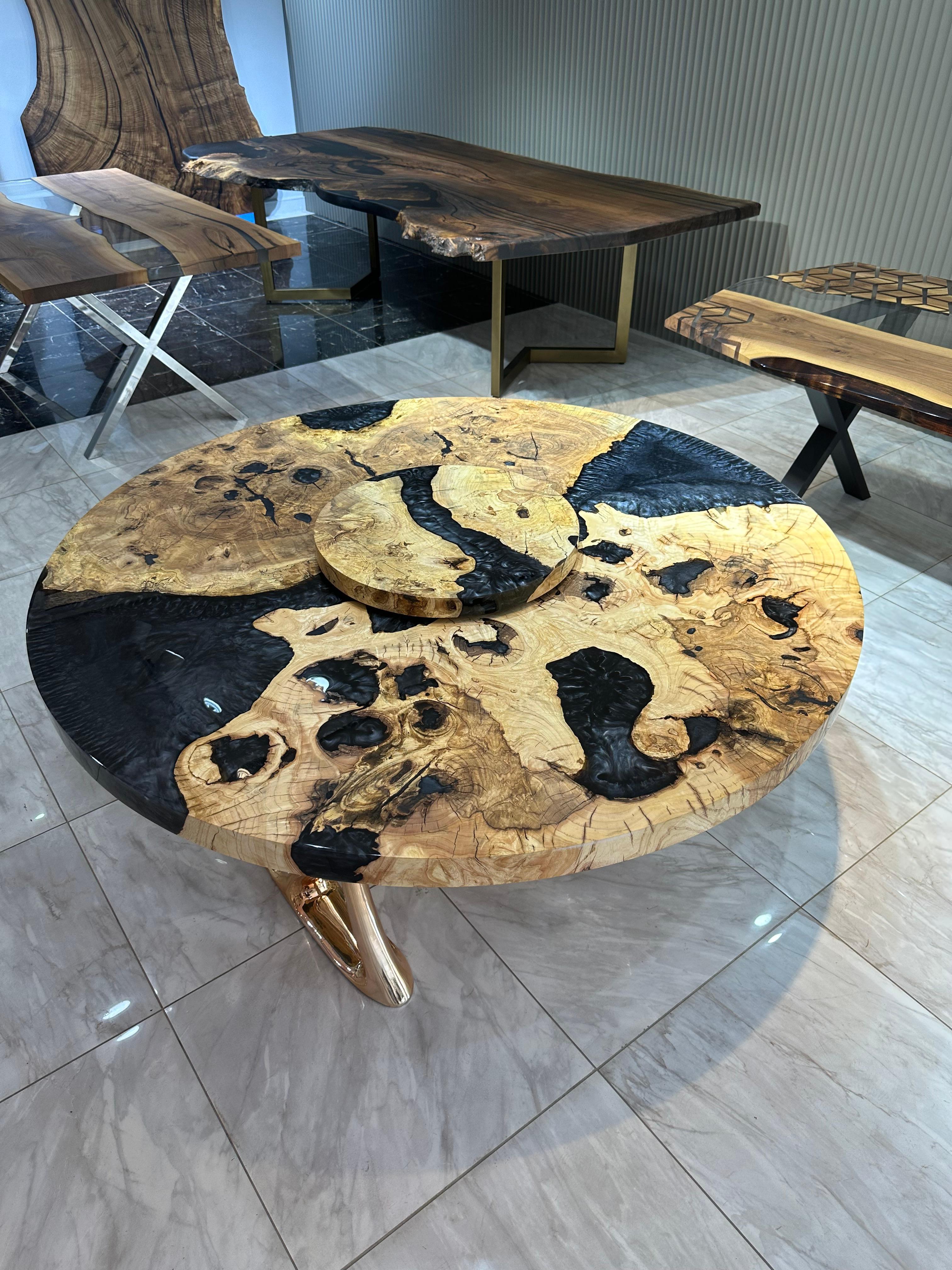 Hand-Carved Ancient Ash Wood Epoxy Resin Round Table For Sale