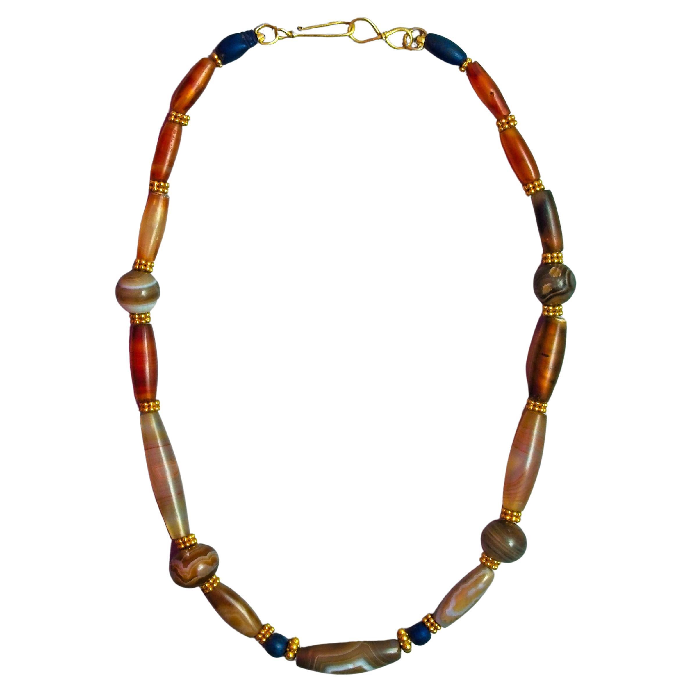 Ancient Assyrian Agate, Lapis Lazuli Necklace with Original Ancient Gold Beads For Sale