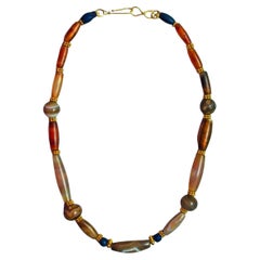 Antique Ancient Assyrian Agate, Lapis Lazuli Necklace with Original Ancient Gold Beads