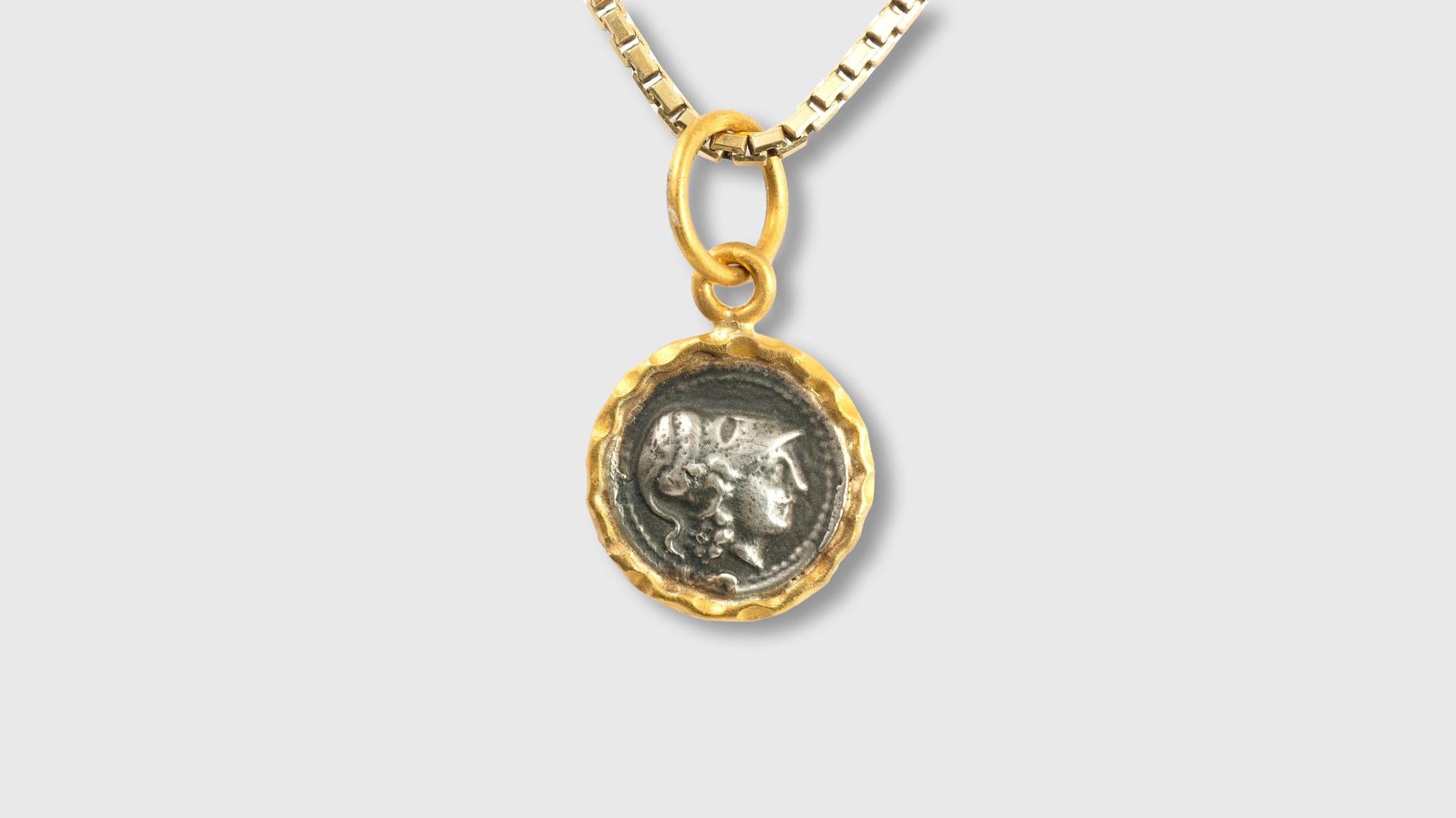 Ancient Athena, Wisdom Goddess, Coin (Replica) Charm Pendant, 24kt Gold & Silver In New Condition For Sale In Bozeman, MT