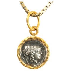 Used Ancient Athena, Wisdom Goddess, Coin (Replica) Charm Pendant, 24kt Gold & Silver