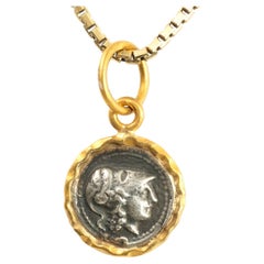 Ancient Athena, Wisdom Goddess, Coin (Replica) Charm Pendant, 24kt Gold & Silver