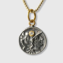 Ancient Athena, Wisdom Goddess Coin Replica Tetradrachm Charm, 24K Gold Diamonds