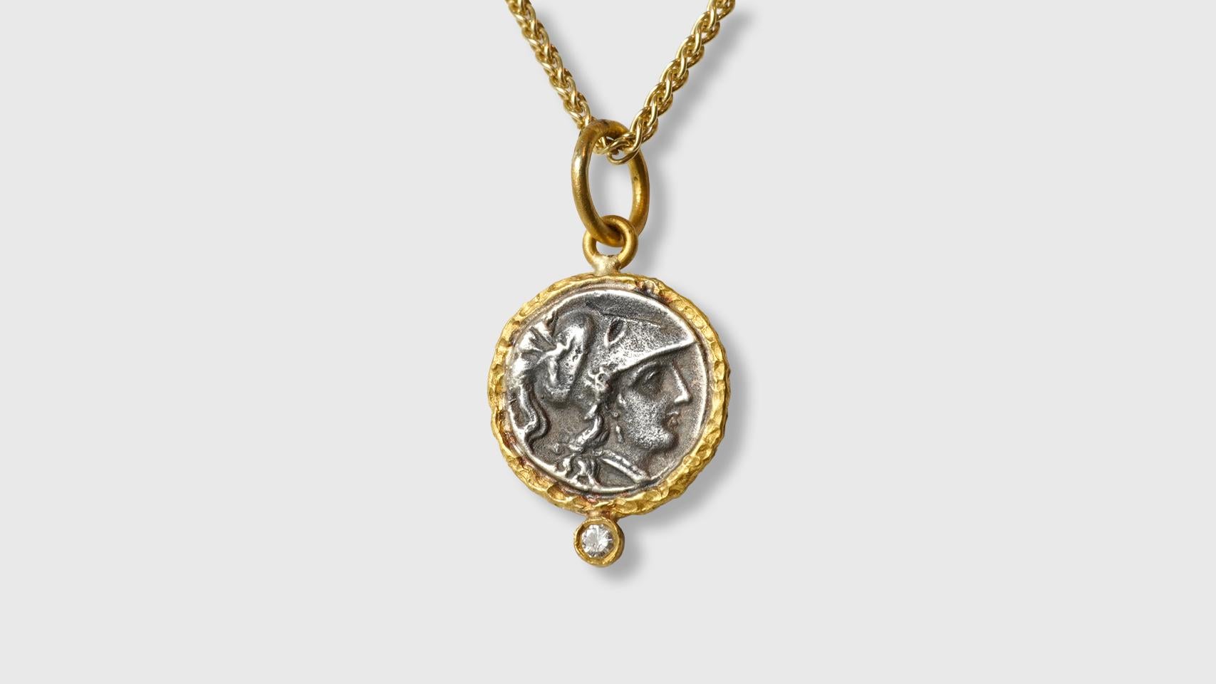 Greco classico Antica Atena, Dea della Saggezza, Replica di Moneta Tetradracma, Diamanti in Oro 24K in vendita
