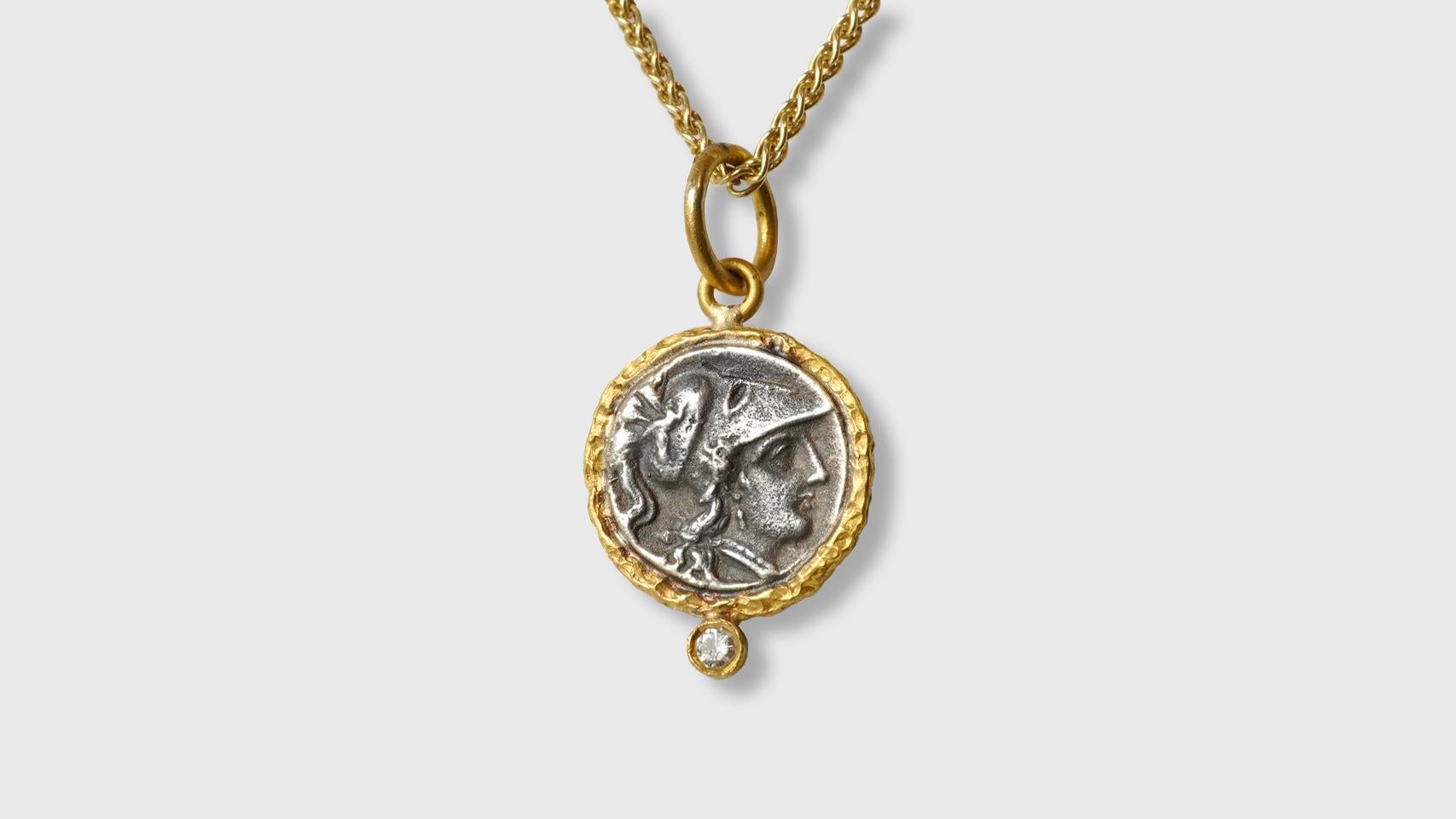 Classical Greek Ancient Athena Wisdom Goddess, Coin Replica Tetradrachm Charm, 24K Gold Diamonds For Sale