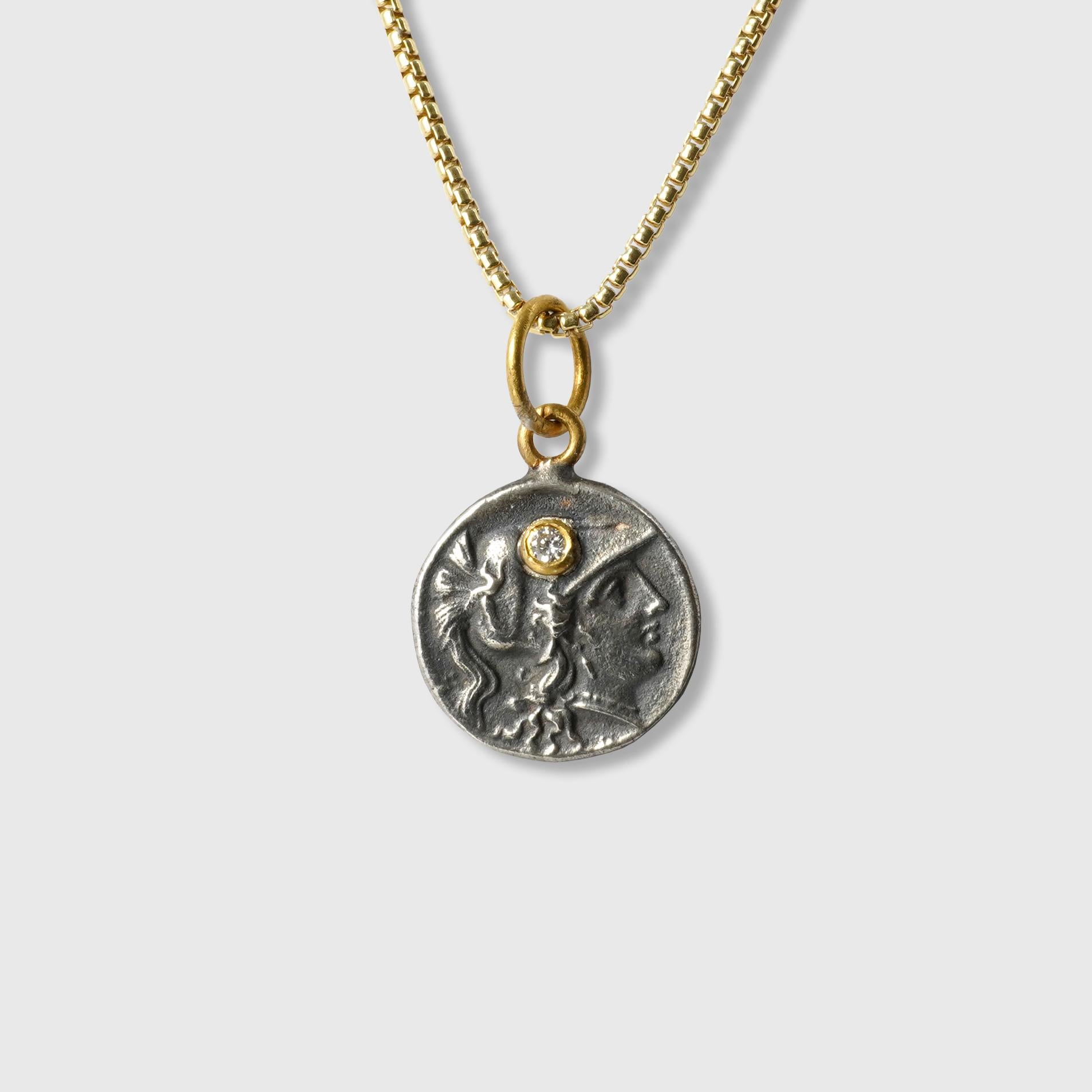 Classical Greek Ancient Athena, Wisdom Goddess Coin Replica Tetradrachm Charm, 24K Gold Diamonds For Sale