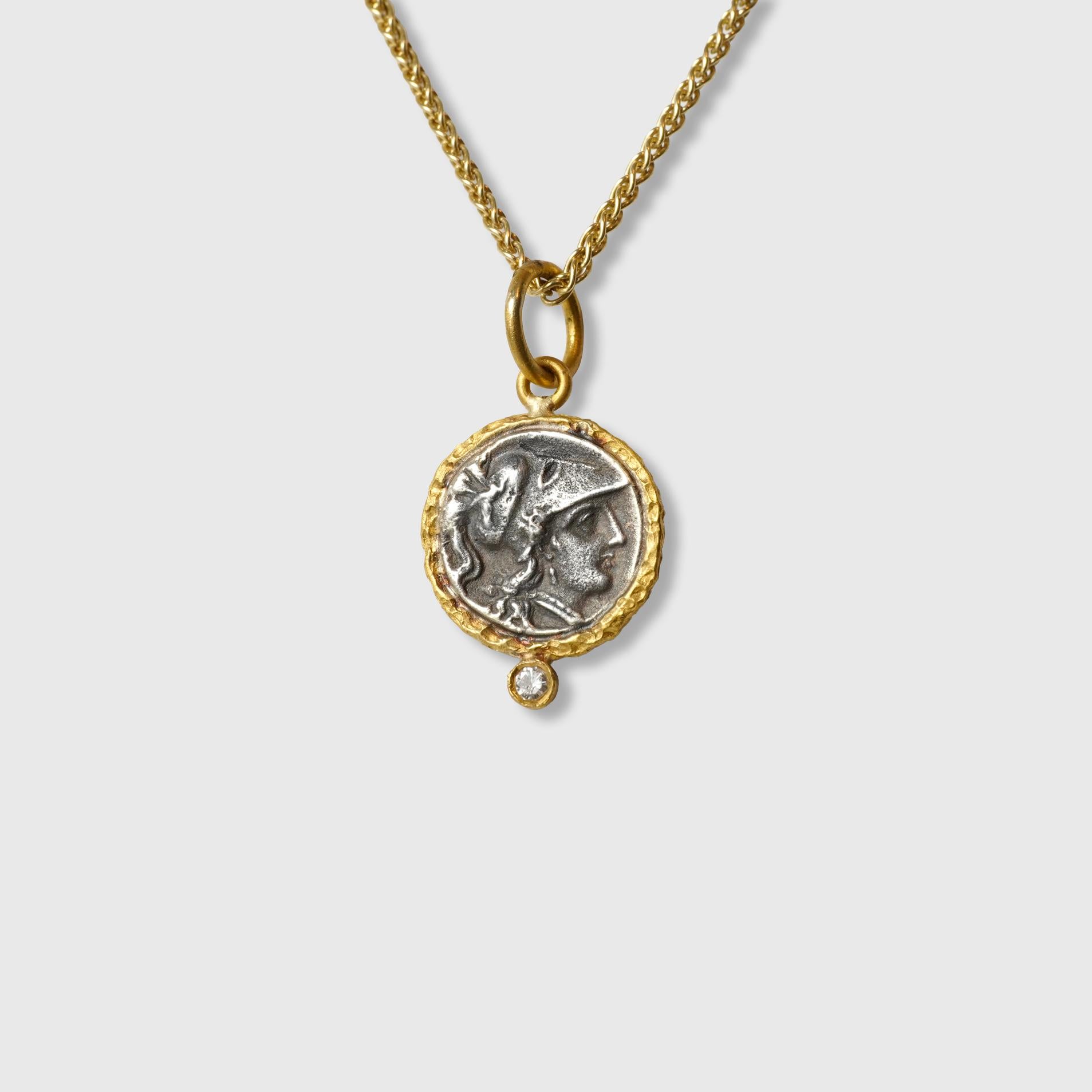 Round Cut Ancient Athena Wisdom Goddess, Coin Replica Tetradrachm Charm, 24K Gold Diamonds For Sale