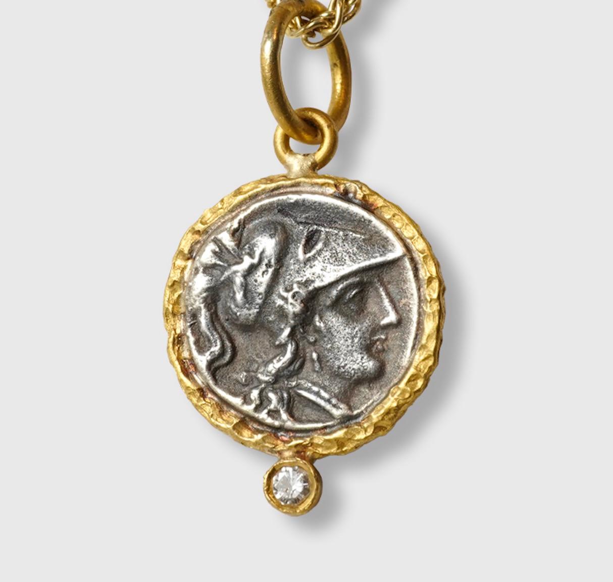 Round Cut Ancient Athena Wisdom Goddess, Coin Replica Tetradrachm Charm, 24K Gold Diamonds For Sale