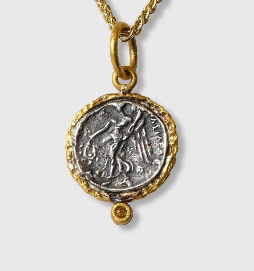 Ancient Athena Wisdom Goddess, Coin Replica Tetradrachm Charm, 24K Gold Diamonds In New Condition For Sale In Bozeman, MT
