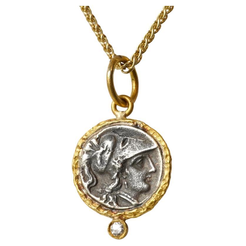 Ancient Athena Wisdom Goddess, Coin Replica Tetradrachm Charm, 24K Gold Diamonds For Sale