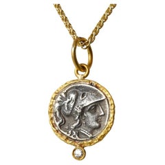 Used Ancient Athena Wisdom Goddess, Coin Replica Tetradrachm Charm, 24K Gold Diamonds