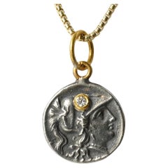 Used Ancient Athena, Wisdom Goddess Coin Replica Tetradrachm Charm, 24K Gold Diamonds