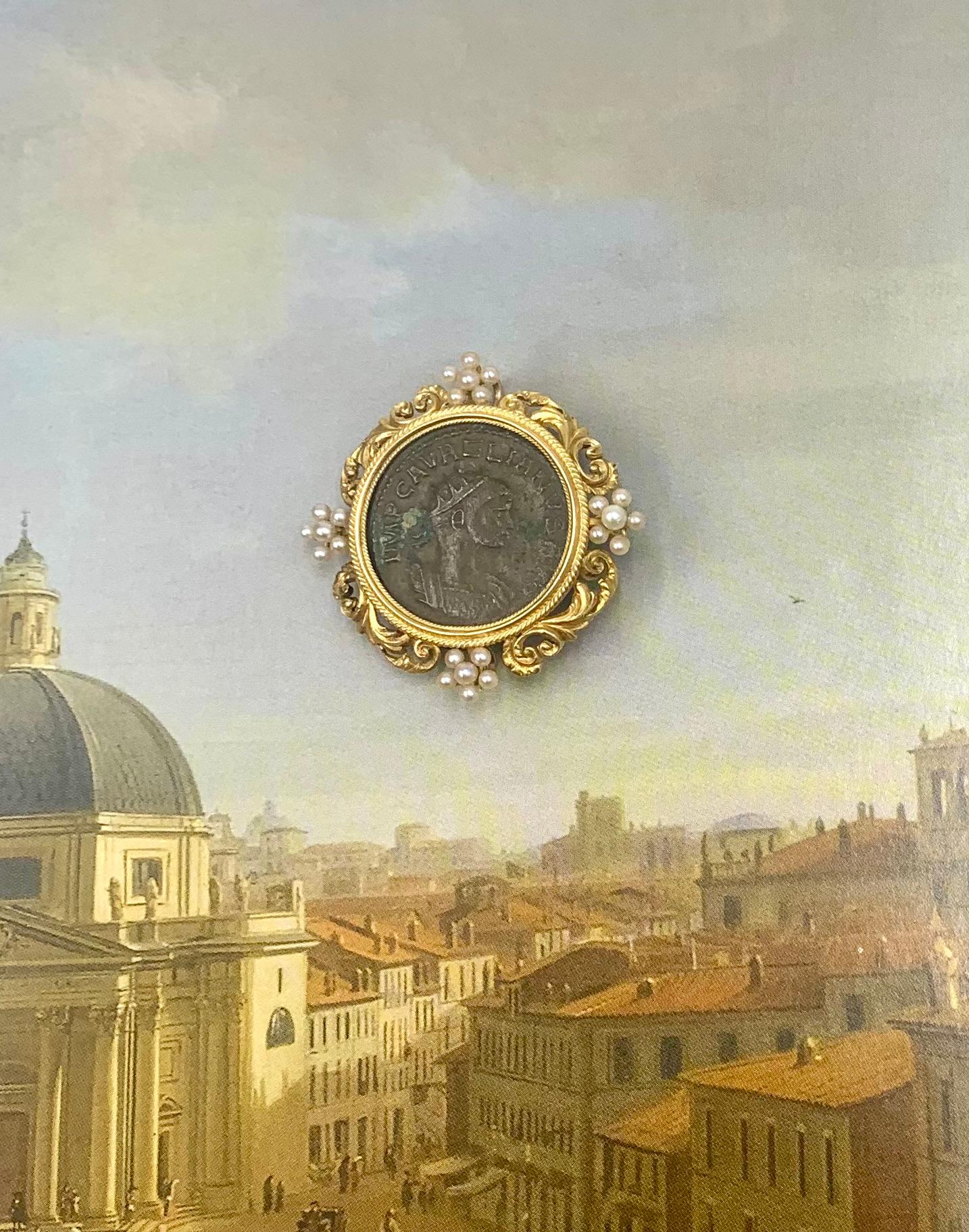 Ancient Aurelian Roman Coin Antique Renaissance Revival 14K Yellow Gold Pendant For Sale 8