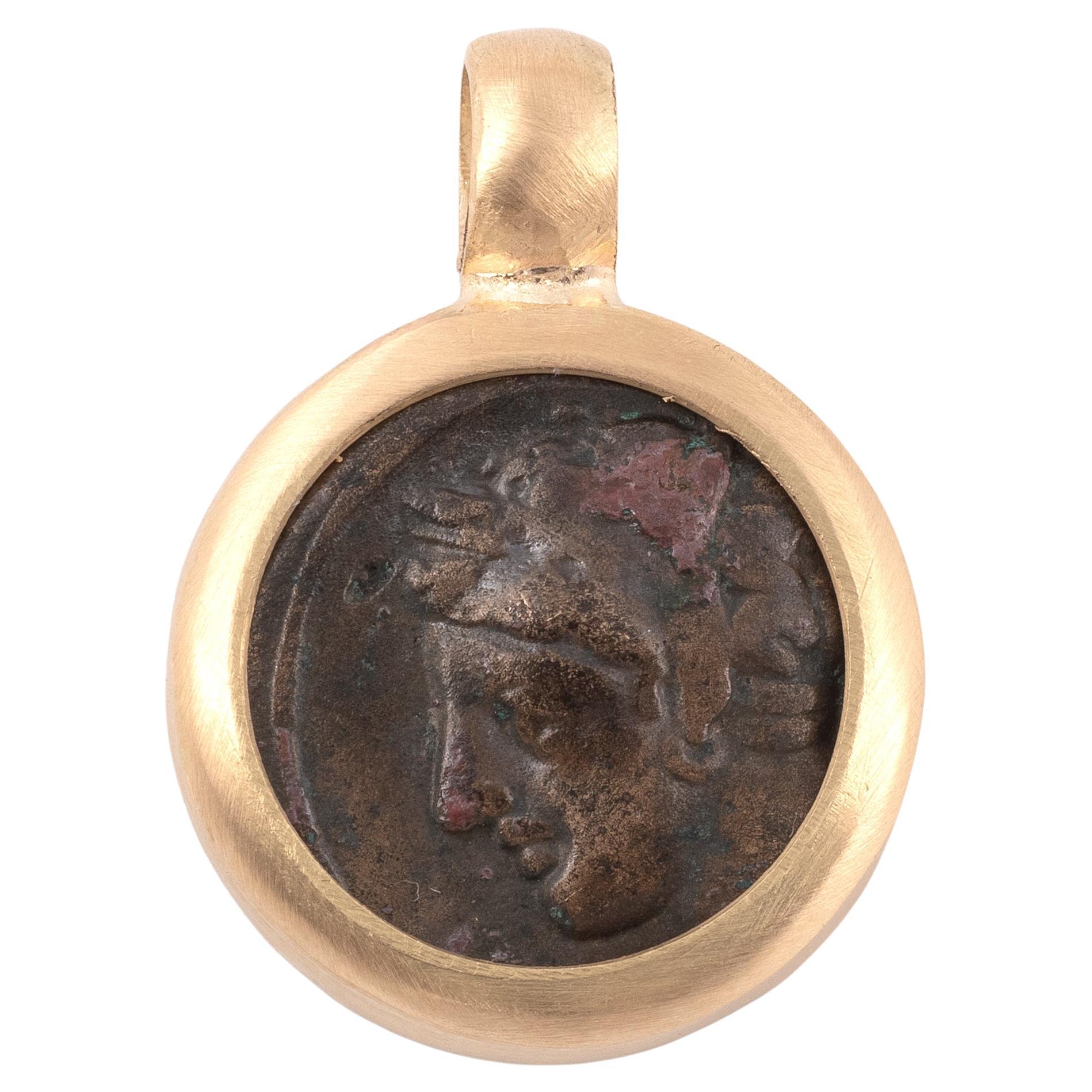 Ancient Authentic Tanit Coin 18KT Yellow Gold Pendant In Excellent Condition In Firenze, IT