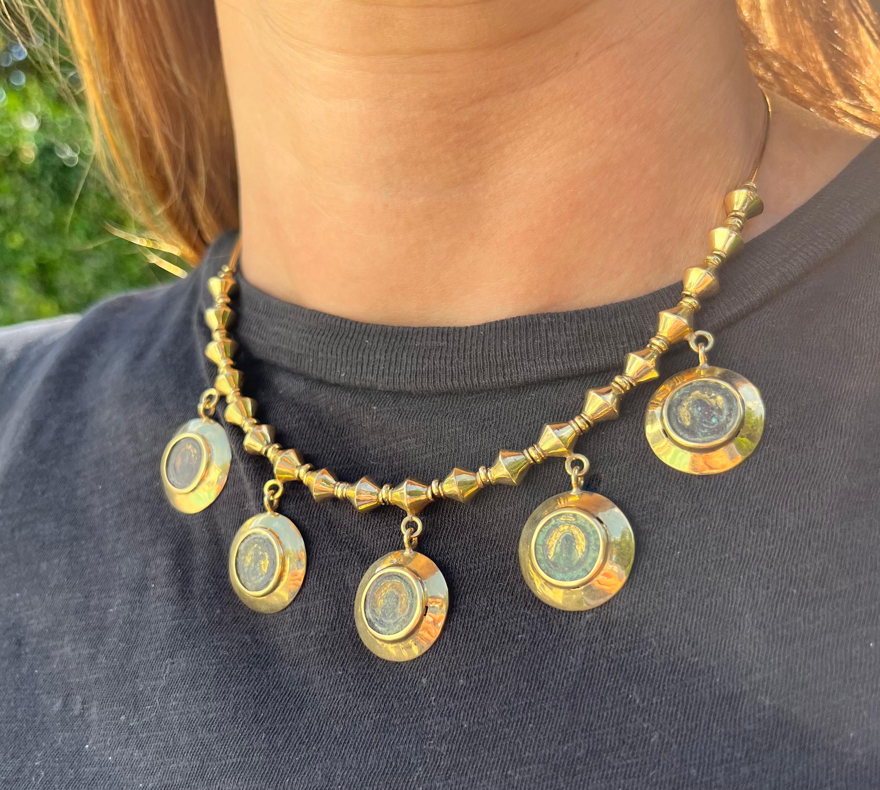 Ancient Axum Gilt Coin Necklace and Bracelet Set in 18k Yellow Gold In Fair Condition For Sale In Miami, FL