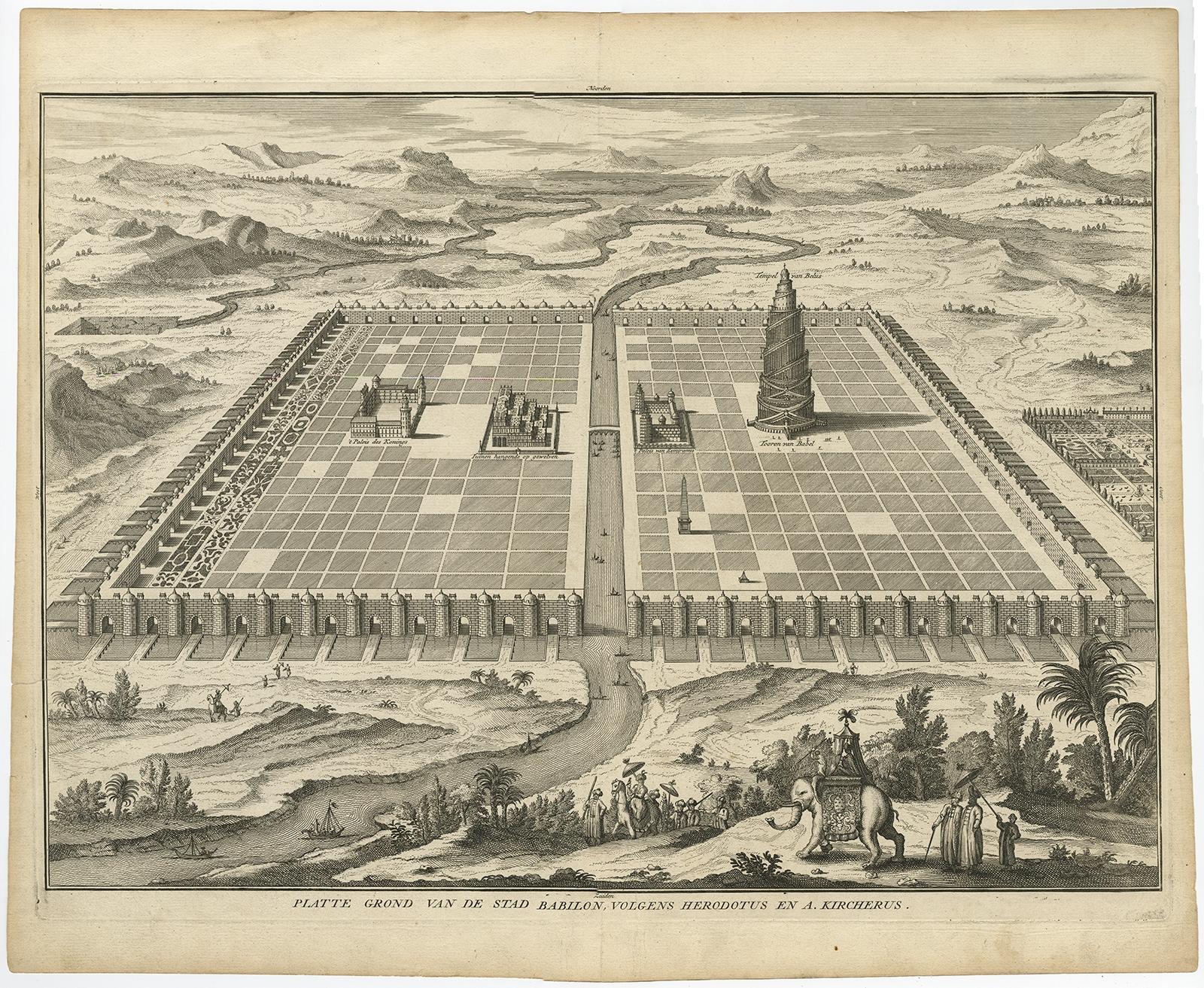 Antique print titled 'Platte Grond van de Stad Babilon, volgens Herodotus en A. Kircherus'. 

This original antique print shows a view of ancient Babylon with the tower of Babel according to Herodotus and A. Kircherus. Originates from 'Het