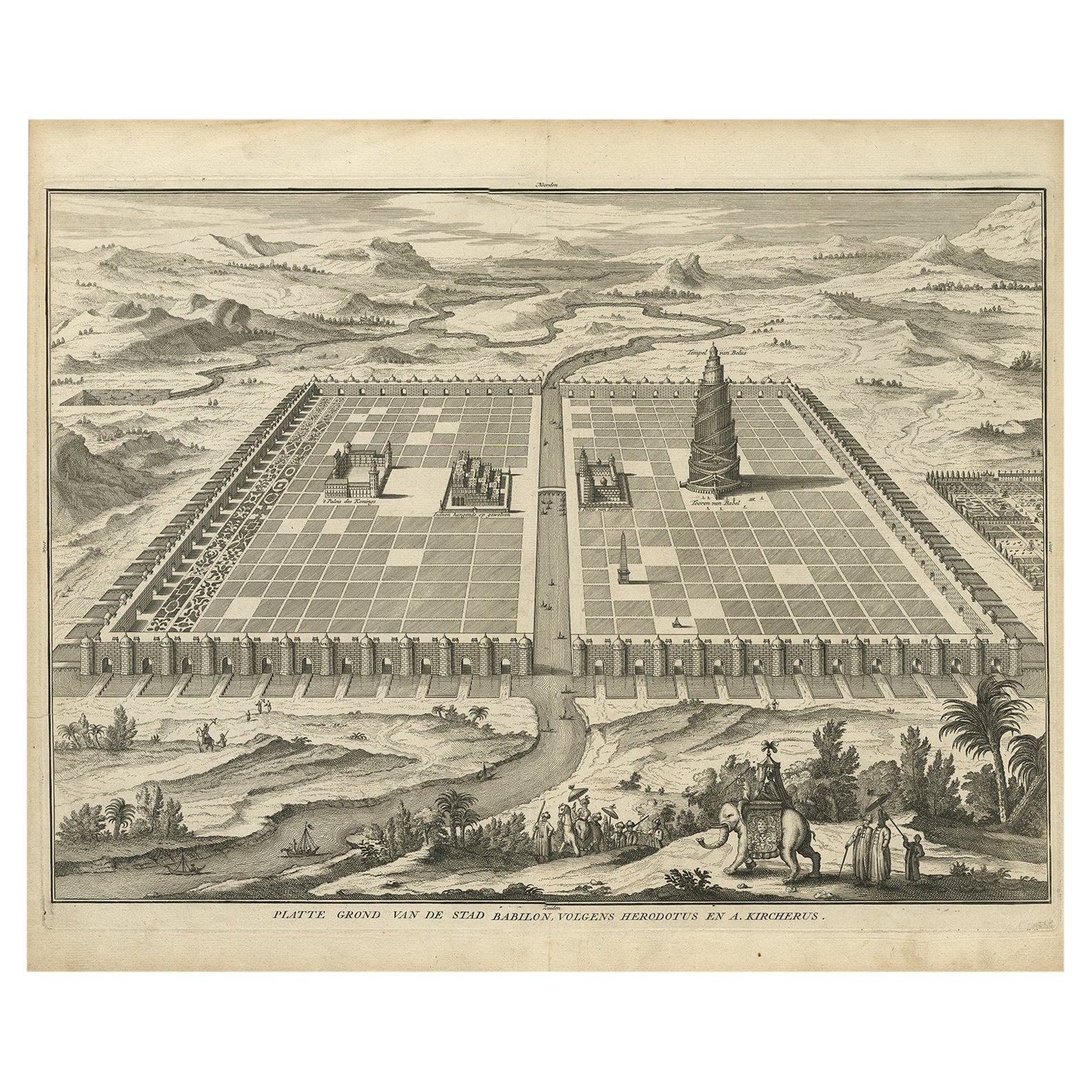 Ancient Babylon with The Tower of Babel According to Herodotus & Kircherus, 1730
