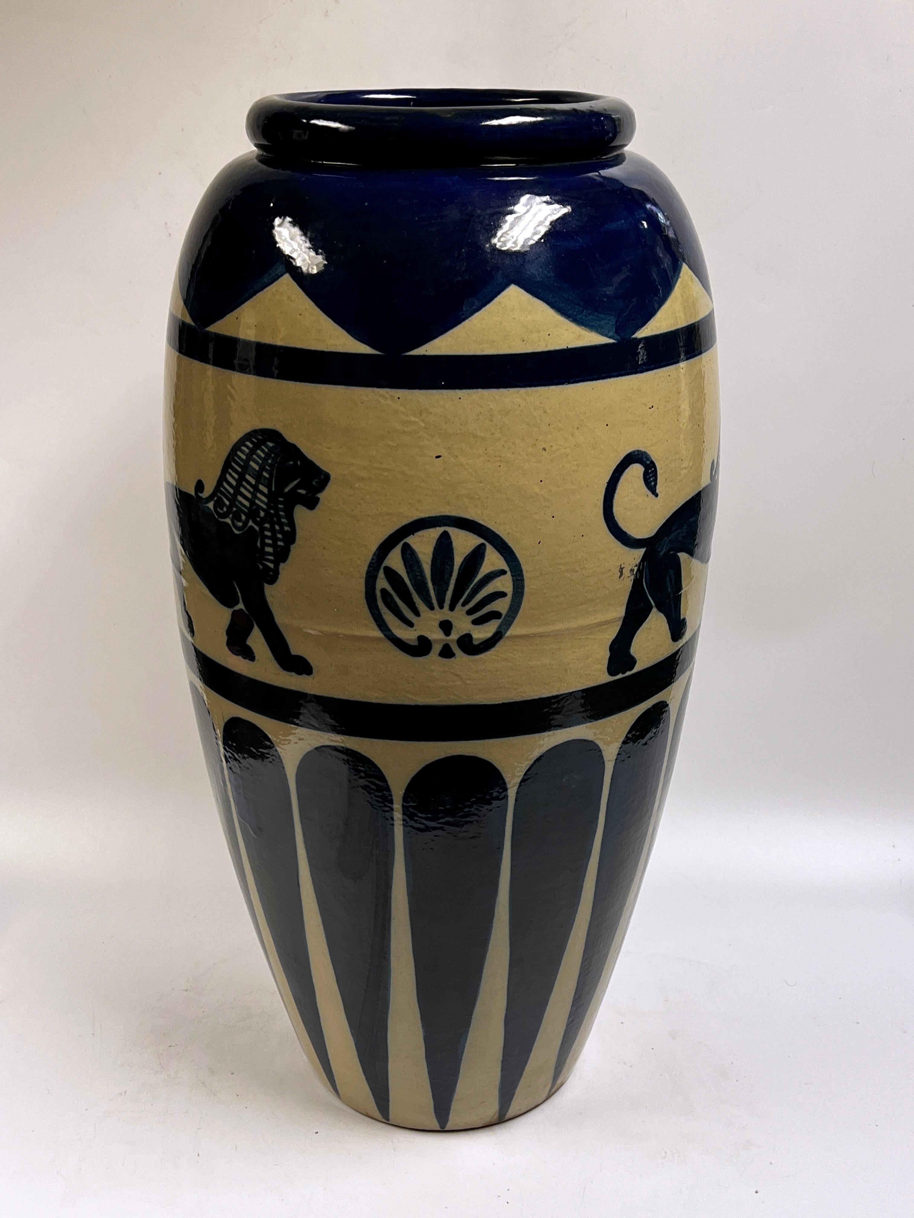 Egyptian Revival Ancient Babylonian or Egyptian Style Cobalt Blue Glazed Stoneware Jardiniere