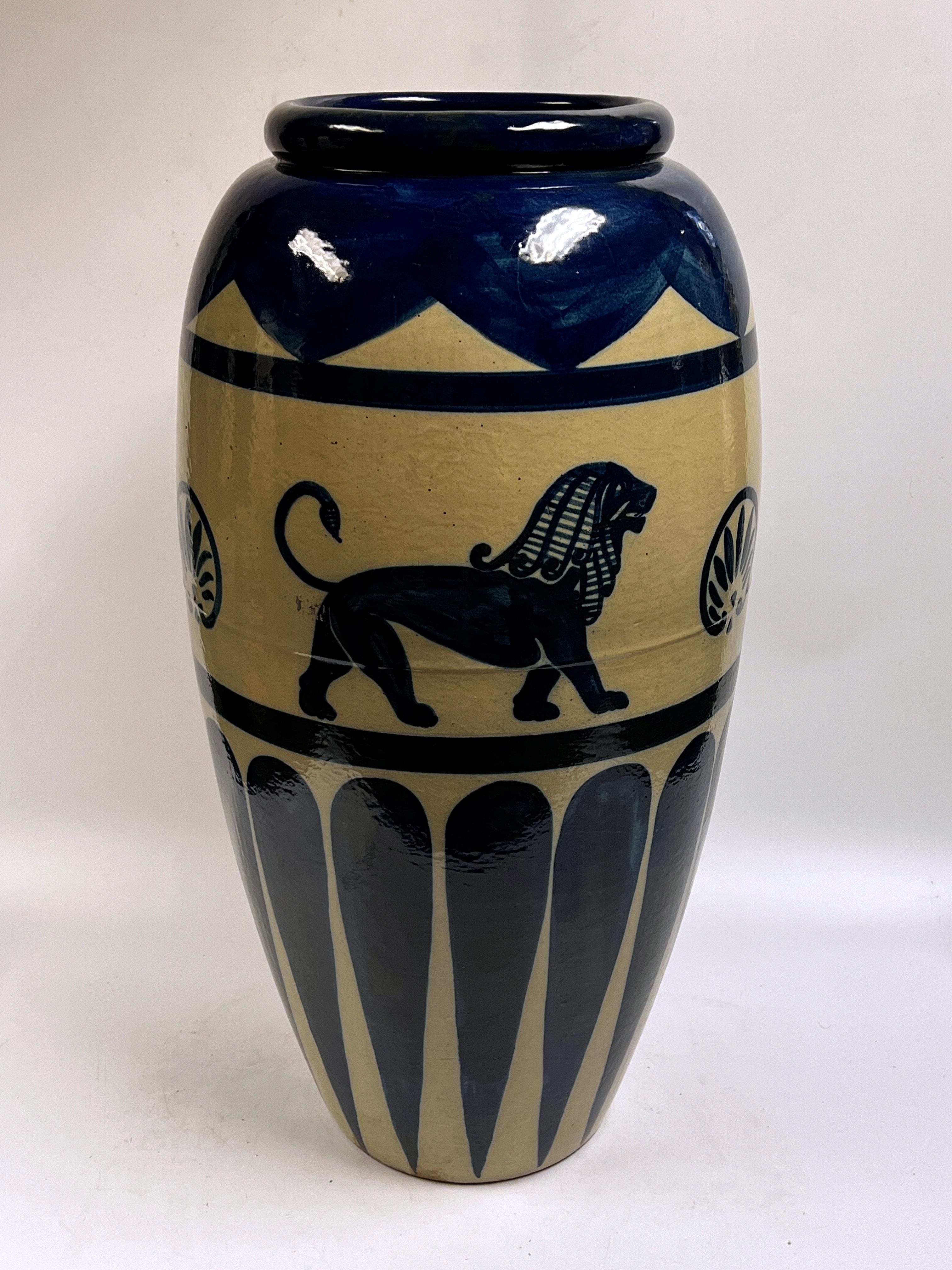 French Ancient Babylonian or Egyptian Style Cobalt Blue Glazed Stoneware Jardiniere
