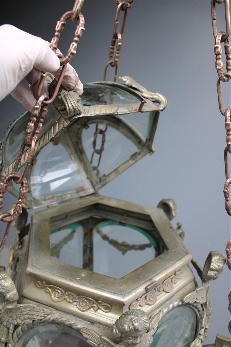 Ancient Baroque Style Lantern in Bronze Fusion with Little Angels Curved Glass For Sale 9