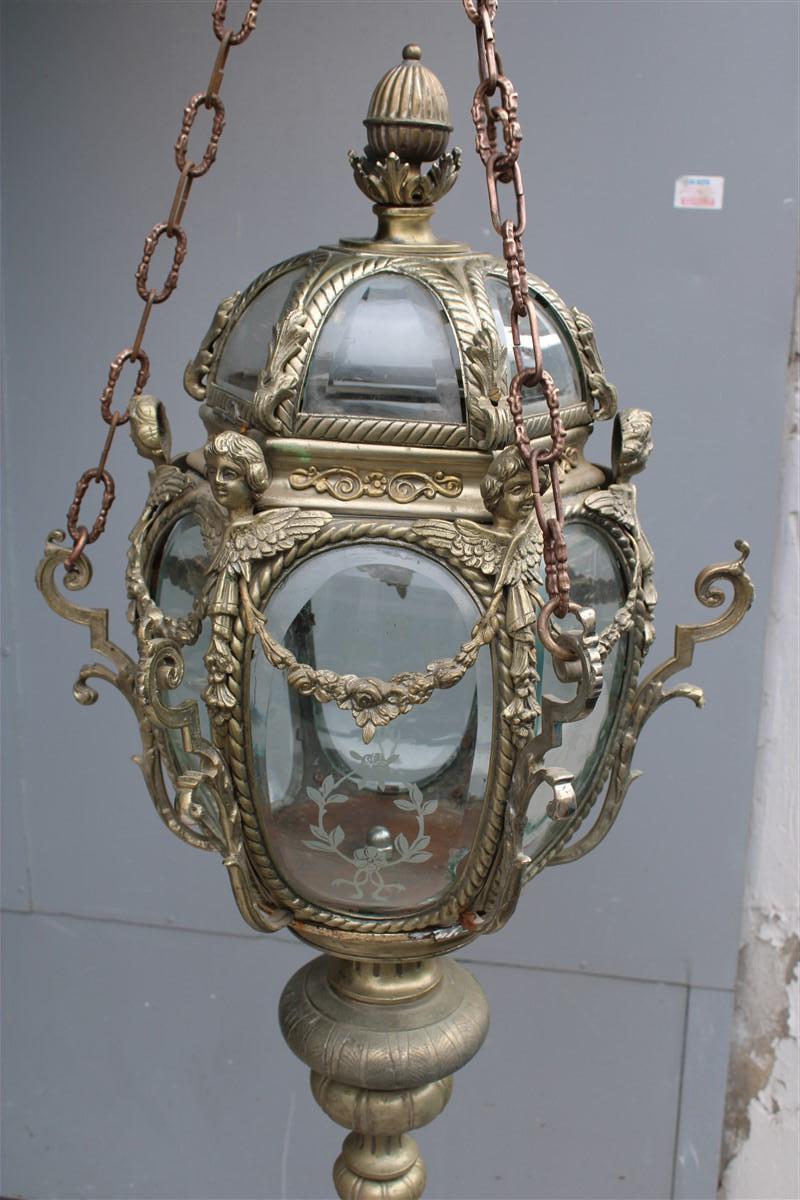 Louis XVI Ancient Baroque Style Lantern in Bronze Fusion with Little Angels Curved Glass For Sale