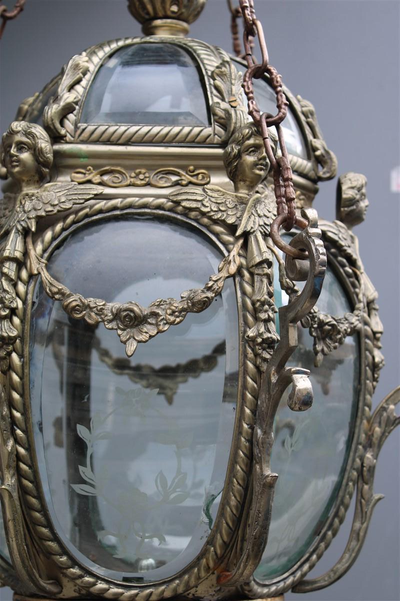 Ancient Baroque Style Lantern in Bronze Fusion with Little Angels Curved Glass In Good Condition For Sale In Palermo, Sicily