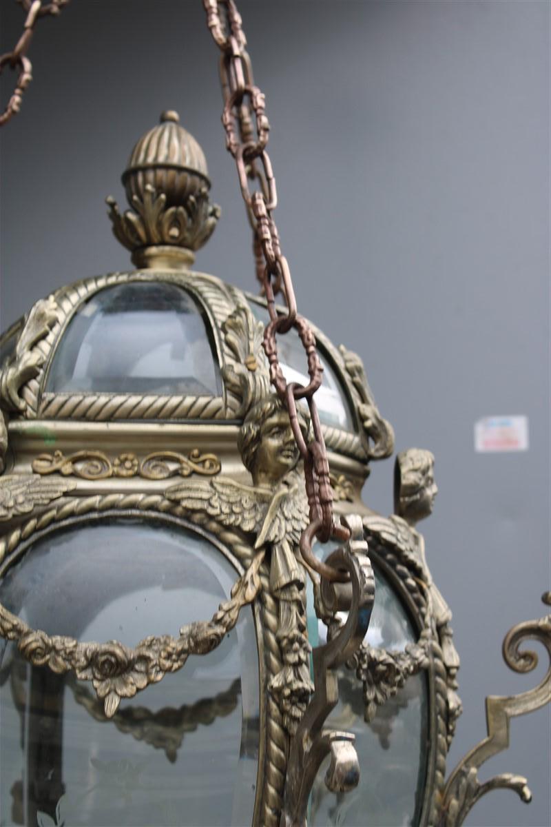 Mid-19th Century Ancient Baroque Style Lantern in Bronze Fusion with Little Angels Curved Glass For Sale